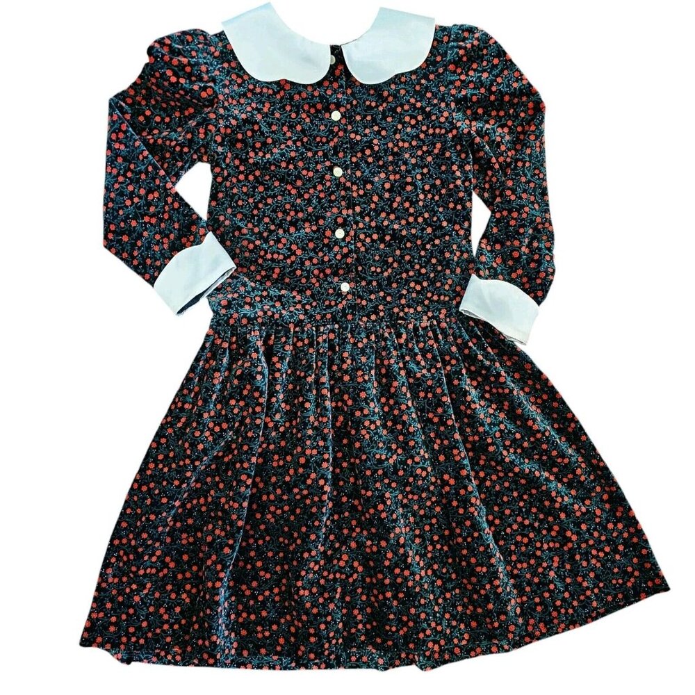 Vintage 90s Girls Size 7 Velvet Green Floral Party Dress Red Satin Collar Long